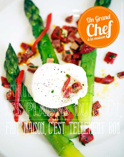ASPERGES VERTES & ŒUF POCHÉ, vinaigrette piquillos et Chorizo Bellota