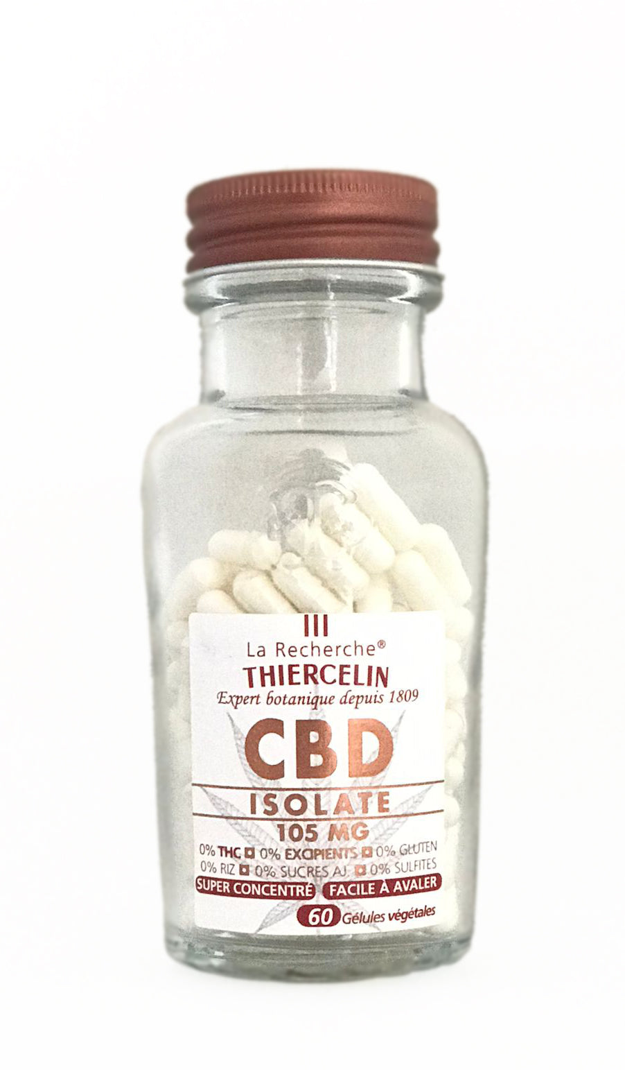 Gélules de CBD ISOLATE 100% 105 MG, 0% THC, super concentré et sans excipients