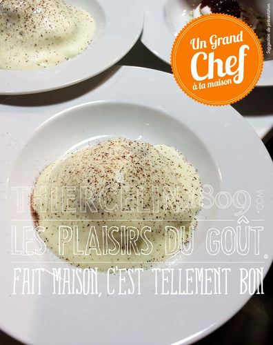 CAPPUCINO DE POMME DE TERRE À LA TRUFFE, œuf poché et vinaigrette porto, fait maison