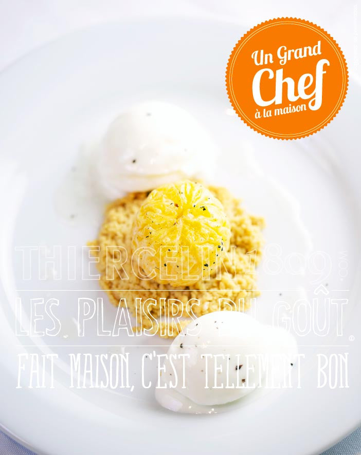 LA CLÉMENTINE, pochée à la vanille, quenelle de sorbet fromage blanc au poivre Timut du Népal fait maison