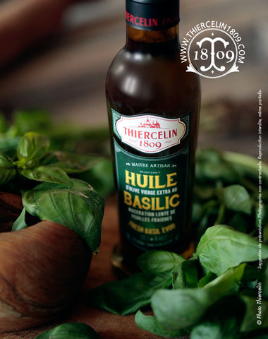 Huile au basilic, huile d'olive vierge extra - macération de feuillles de basilic frais - Thiercelin