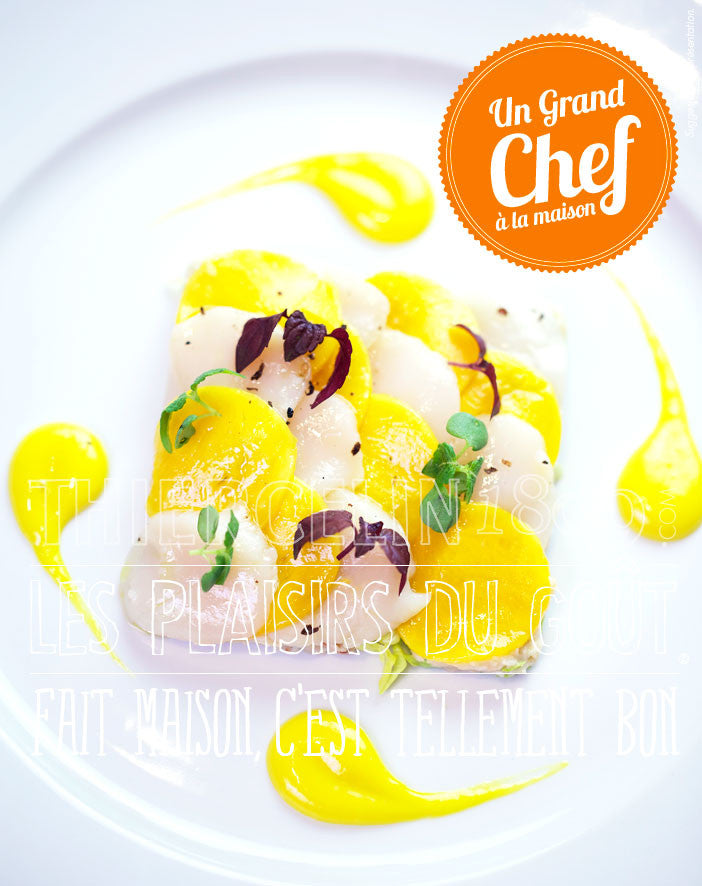 LA SAINT-JACQUES, en carpaccio au poivre Timut du Népal et mangue fait maison