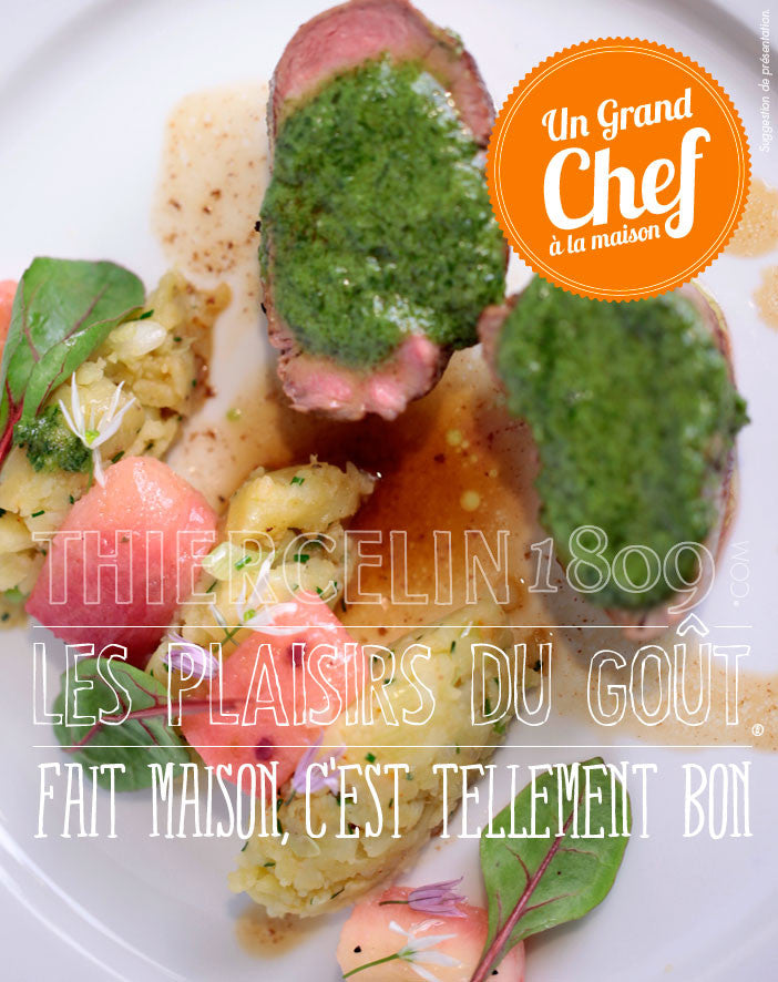 FILET MIGNON DE VEAU, en croûte de verveine, pêche plate rôtie au poivre de Sichuan rouge, quenelles de pomme de terre fait maison