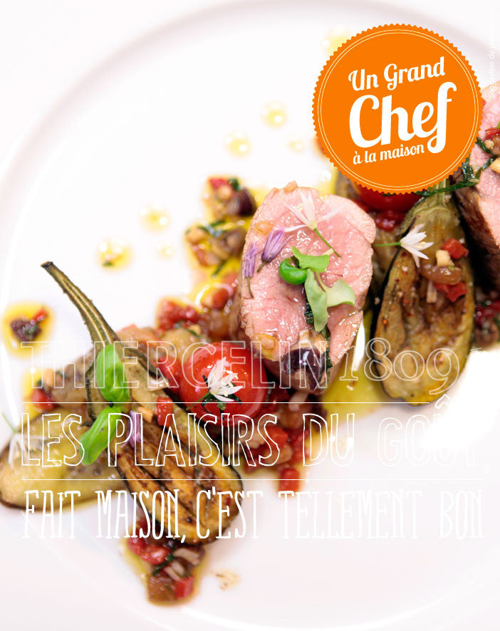 PAVÉ DE GIGOT D'AGNEAU, Rôti au thym, tranches et quenelles d'aubergine confites au Ras el Hanout du Roy fait maison